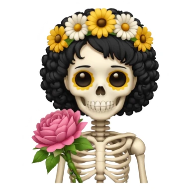 Skeleton with Flower Crown, curley hair black, with flower bouquet sticker