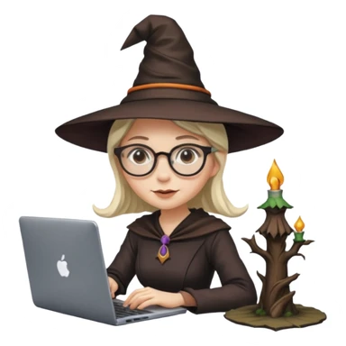 A female video editor wearing glasses, dressed like a witch with a pointed hat, sitting at a laptop editing a video, cinematic lighting, cozy creative studio, professional look, high quality, realistic sticker