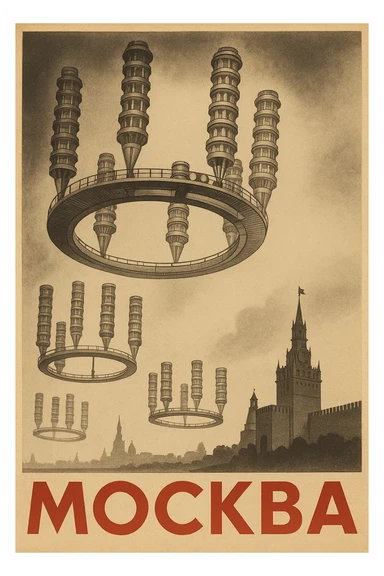 Открытка в стиле СССР где изображен летающий город в СССР 1920-х годов Георгия Крутикова, подпись Москва sticker