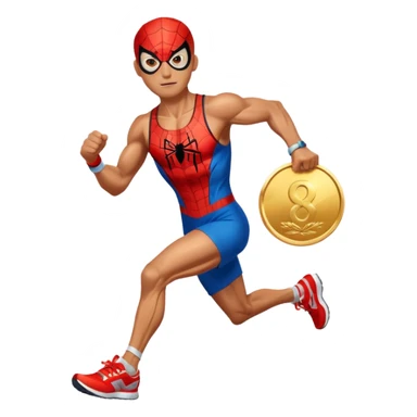 spiderman picking running a marathon with gold medal sticker