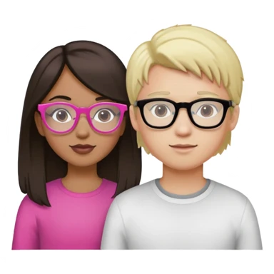 Girl with Dark Brown Hair, Pink glasses, And a mixed skin tone. Boy with white skin tone, Blonde Hair and black glasses  sticker