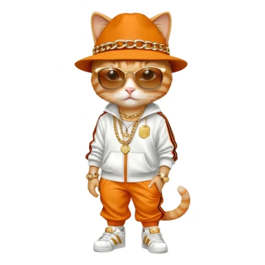 female cat dressed like Run DMC with tracksuit, fedora, Adidas shoes, dark sunglasses, lots of gold chains, rings, bracelets, earrings, upright sticker