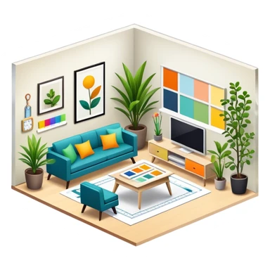 Icon for Interior Design: a modern room layout with furniture, plants, and decor items, with a color palette and design tools like a ruler and measuring tape. The icon should represent creativity, space planning, and aesthetic design. Transparent background. sticker