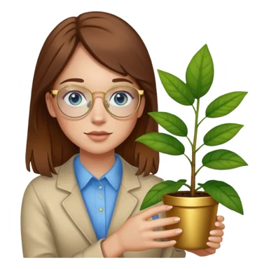 Girl with light skin, brown hair, blue eyes, freckles, and gold glasses holding plant sticker