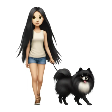 pale girl with long black hair walking with pomeranian sticker
