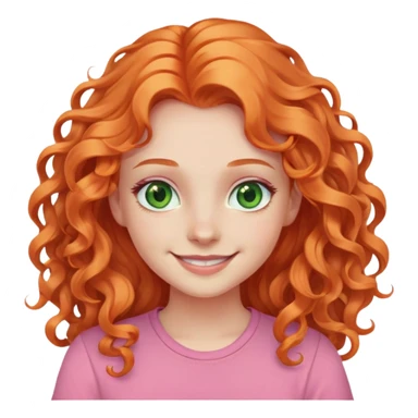 smiling pale girl with long curly orange hair, green eyes, pink shirt sticker