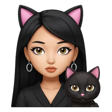 asian tanned beauty standard, black hair, pretty bratz baddie, black eyeliner and black cat sticker