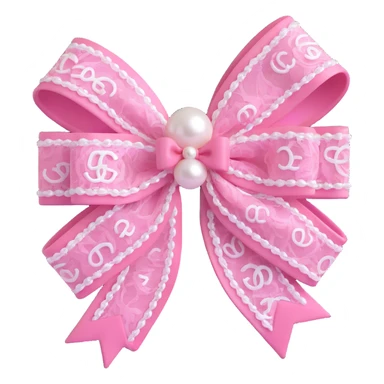 Change the double-layered lace bow to pink, keep pearls and white Chanel logo, elegant, glossy, black and white, 3D emoji style, with no background sticker