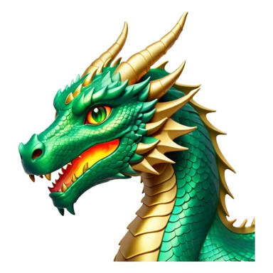 Cinematic Noble Dragon Portrait Emoji, Poised and majestic, with a sinuous, elongated build and shimmering, scale-covered skin in hues of emerald and gold, piercing, fiery eyes, Simplified yet sharp and sophisticated features, highly detailed, glowing with a mystical, radiant glow, high shine, intelligent and formidable, stylized with an air of ancient power, focused and attentive, soft glowing outline, capturing the essence of a watchful and legendary dragon that feels as though it could soar out of the screen with effortless authority! sticker