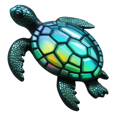 Sparkling Turtle made from kaleidoscopic crystalline rainbow oilslick cyan glass, stained glass art sticker