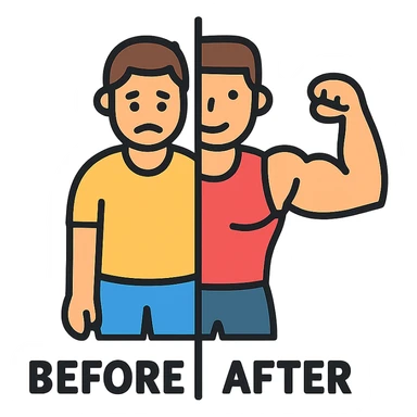 in the picture is devided in to two parts, at the first the sportsman is weak and lazy, but at the second picture the same sportsman is very strong because he doing a workout regularly. There is no line between the picture, at the first picture the is a word before, in the second picture there is a word after sticker