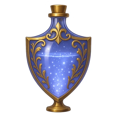 modernus prabangus eliksyro buteliukas, skydo forma, spalva #7986cb, auksiniai ornamentai, magiškas švytėjimas, labai mažas auksinis kaklelis, skaidrus fonas, vientisas dugnas, be šešėlio, plūduriuoja ore, kolekcijos stilius sticker