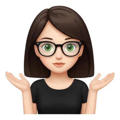 a cute white brunette girl with green eyes in a black dress wearing glasses  with two hands  sticker