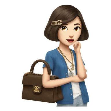 Realistic brown hair blue eyes Chanel Asian Girl with Birkin bag and Chanel necklace sticker