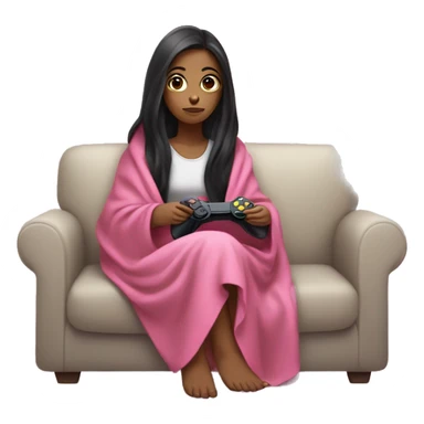 girl with long dark hair wrapped up in a blanket sitting on a couch with a pink gaming controller in her hands sticker