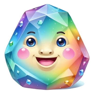 A single pastel rainbow crystal rock character, chubby and heavy with a chunky, irregular polygon shape,covered in faceted crystal planes and small chips, big glossy rainbow eyes and a small smiling mout sticker