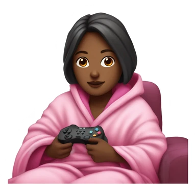 White girl with dark hair wrapped up in a blanket sitting on a couch with a pink gaming controller in her hands sticker