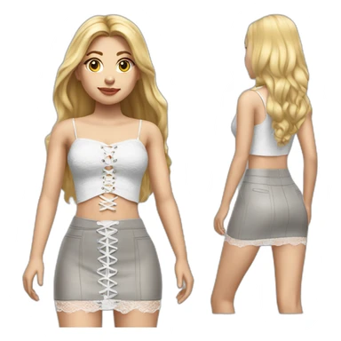hyperrealistic caucasian female, long straight blonde hair, white lace-up crop top and grey plain tight mini skirt sticker