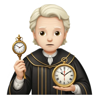 a 1600s judge with a hurried expression holding a clock that is UNFAIR sticker