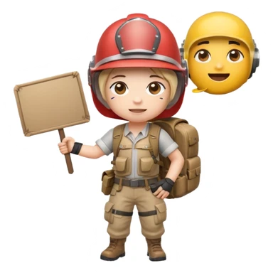 Create a cute emoji-style PUBG Mobile character, chibi version with helmet and backpack, standing in victory pose, holding a blank white sign or paper sheet in both hands in front of chest, ready for text, clean white background, simple emoji design” sticker