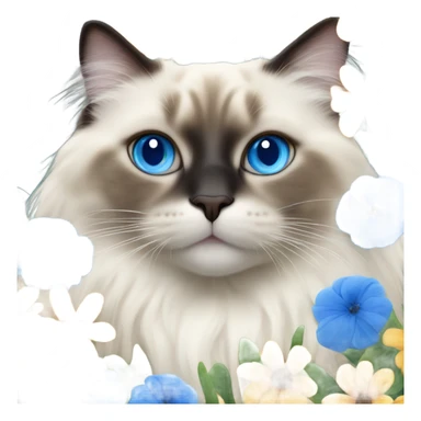 Realistic ragdoll cat with blue eyes and flower  sticker