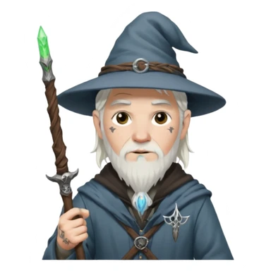 A punk guy with white hair, wearing a hat, holding a Gandalf staff and an AK-47 sticker