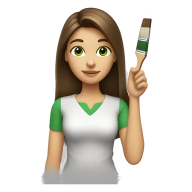 Face of a woman with long brown hair and side bang. She is holding a paintbrush in her hand.Green eyes. sticker