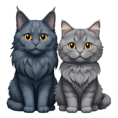 Portrait of a black smoke Maine Coon cat with long grey ear tufts, alongside a British Shorthair cat with a solid blue coat. Both cats with detailed fur textures and playful expressions. Soft, elegant background with warm, natural tones. Transparent background. sticker