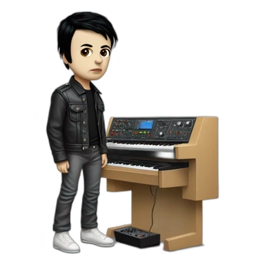 photo realistic, full body, Gary Numan in 1979, playing a Mini Moog, standing up, front view sticker