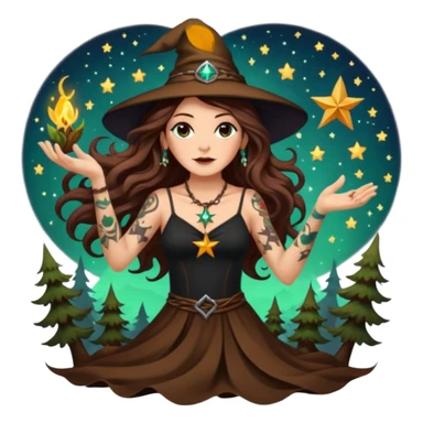 forest witch woman long wavy brown hair tattoos tossing star seed sticker