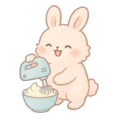 kawaii hand mixer soft fluffy rabbit spinning cream, joyful expression, soft pastel blue, full-body sticker