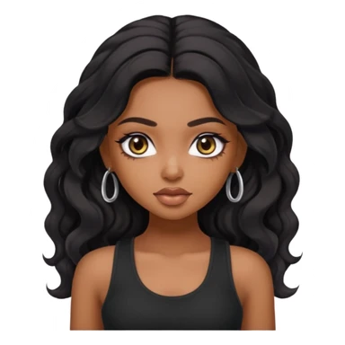 a pretty bratz dusky girl with long wavy black hair, kajal under eyes, black full sleeve tank top sticker