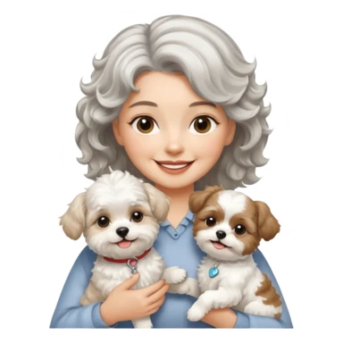 silver, short, wavy-haired with loose curls, smiling pretty lady holding a whit terrier dog and a white and tan shih tzu dog sticker