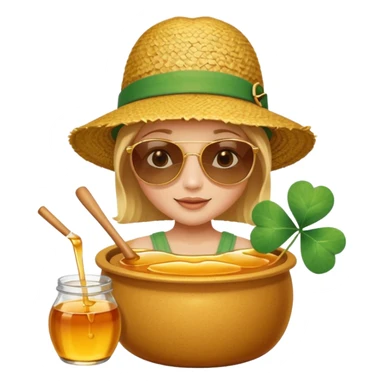 A hunny playing or eating out of a big pot of honey (like the one Winnie the Pooh played with) and have a Irish four leaf clover ground cover and a beach back drop  sticker