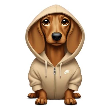 Dachshund wearing a beige hoodie with Nike Logo  sticker
