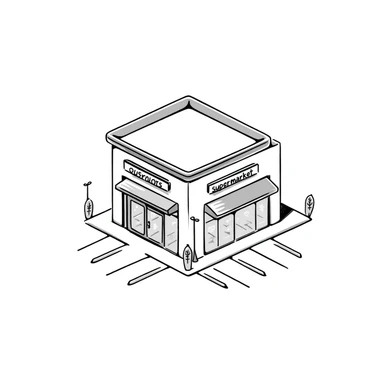 Isometric supermarket building with glass entrance, shopping cart return areas, and parking spaces sticker
