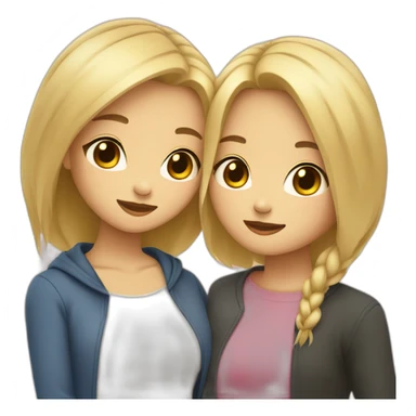 Two girls friends one with blonde short hair, second asian with long hair hugging each other sticker