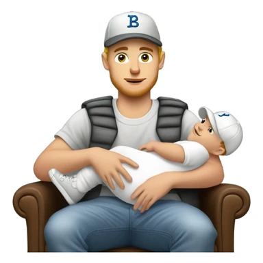 Young white man in baseball hat rocking a white baby in puffy grey rocker  sticker