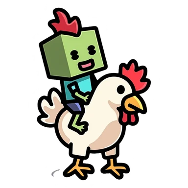 Minecraft chicken jockey - a small pixelated baby zombie riding on top of a white chicken, blocky style sticker