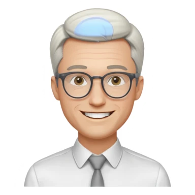 30 yr old pale white man, white/grey side swept stylish hair, round glasses, big smile, white teeth, handsome, longer hair, thin glasses, white dress shirt, smooth forehead, botox, no tie, open collar sticker