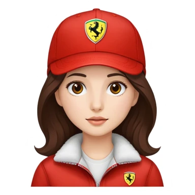 a brunette girl with medium length slightly wavy hair and white skin and brown eyes wearing an f1 ferrari cap sticker