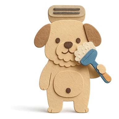 cute dog-shaped electric shaver, brushing its fuzzy face, creamy beige, full-body sticker