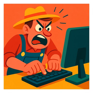 A farmer in overalls, angrily typing on a computer, exaggerated expression, in a vibrant style sticker