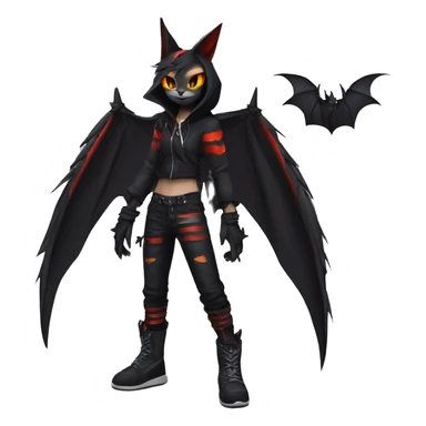 Cool Anthro Black Bat-Nargacuga-Litten-cat-Pokémon with edgy stripes hoodie spiked collar punk techwear Full Body sticker