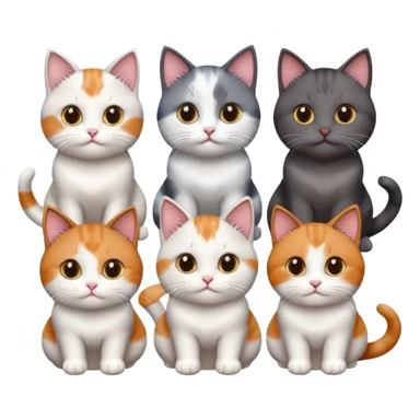 5 different coloured short haired cats including; a dark brown and white cat, and a dark grey and white, and a calico sticker