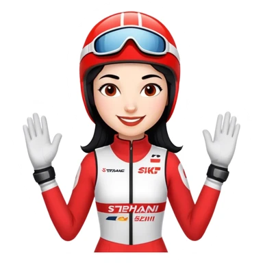Ski racer woman red white dress with the name Stephanie on the dress black hair smile sticker