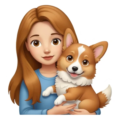 Brown long-haired girl holding a corgi dog sticker
