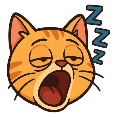 sleepy cat emoji, cartoon style, exaggerated yawn, droopy eyelids, bright colors, playful look sticker