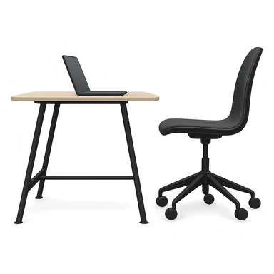 Add a laptop on the desk, keep the style and side view. The style is a side view illustration with no background. sticker