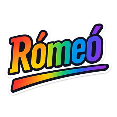 The name 'Rómeó' in a modern font with smooth gradient coloring, precise Hungarian characters, dark outline, extra thick and prominent white letter border, dynamic slanted underline, rainbow gradient color scheme, 1000x1000 px, PNG, transparent background. sticker